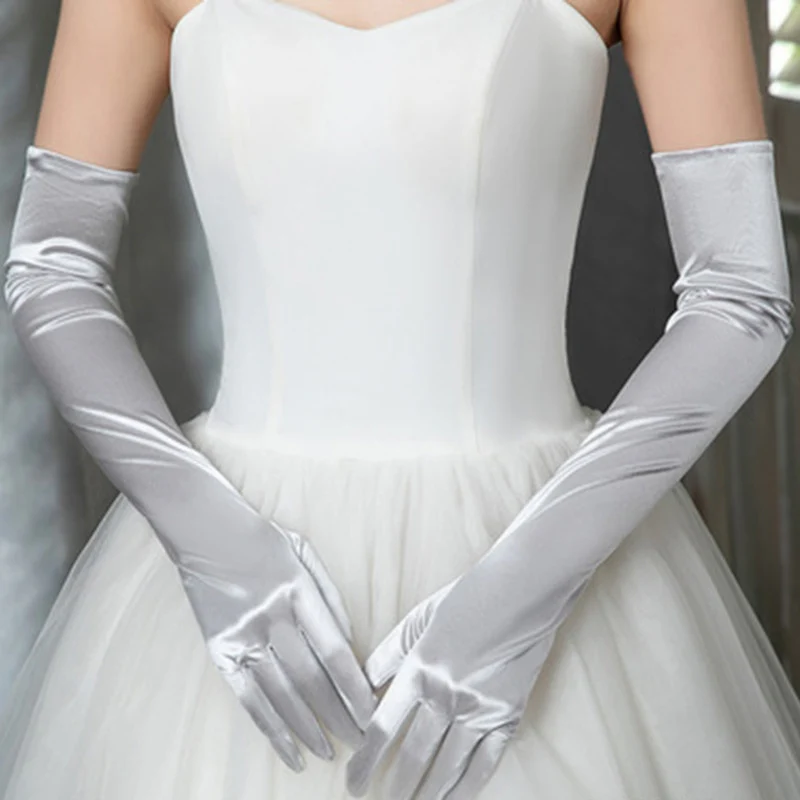 Long Satin Elastic Etiquette Gloves Full Finger Driving Glove - Image 43