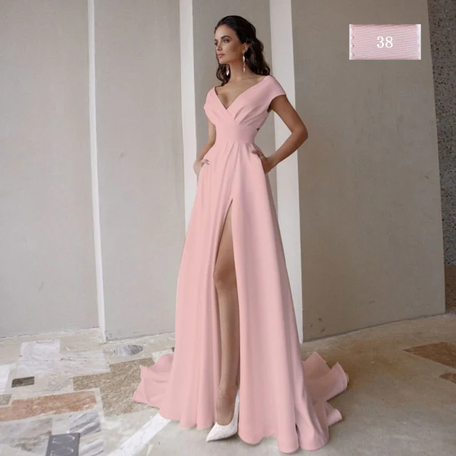 Modern V-Neck Sweep Train Slit A Line Bridal Gown Dress with Pockets - Image 5