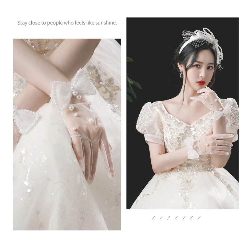 Wedding Gloves Bridal Handmade Pearl White Bow Gloves - Image 3