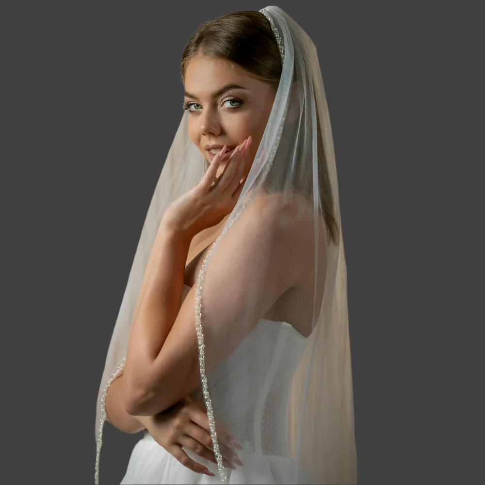 Wedding Veil  Pearl Crystals Edge Bridal Accessory Elbow Size - Image 3