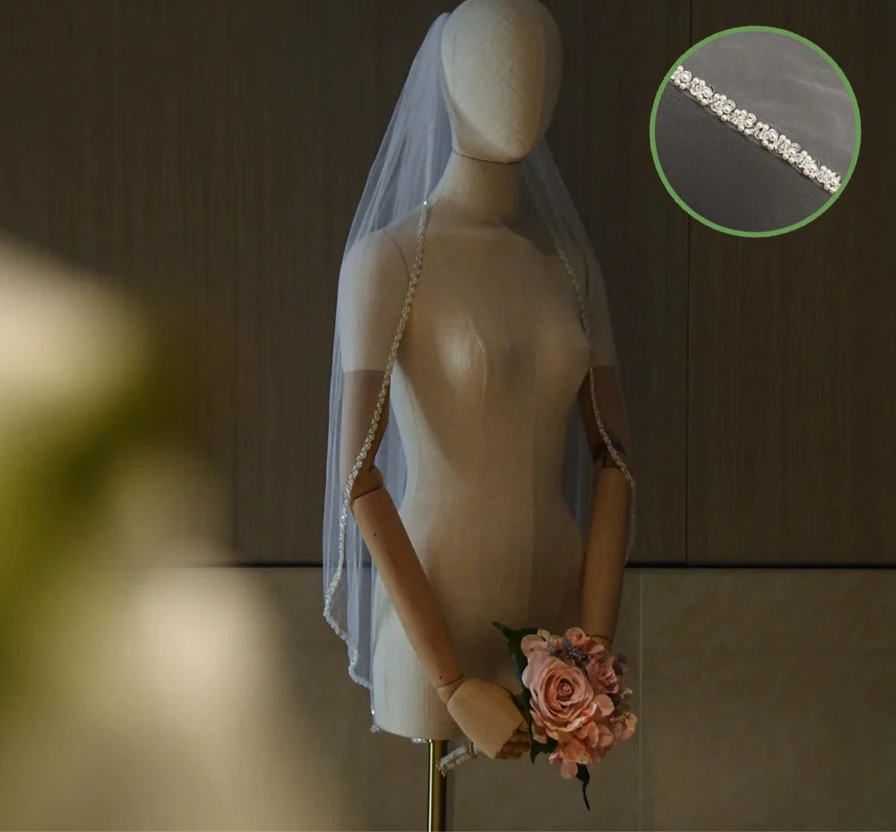Wedding Veil  Pearl Crystals Edge Bridal Accessory Elbow Size - Image 5