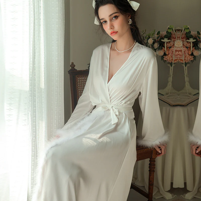 Women's Feather Satin Long Robe - Image 12